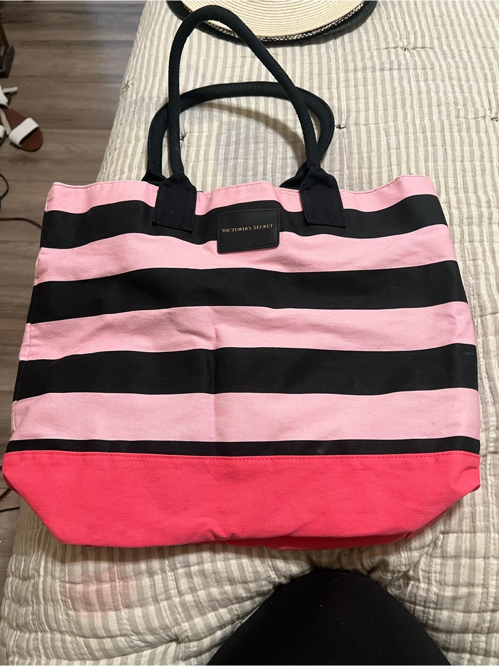 Victoria's Secret Pink, Black & Coral Striped Tote